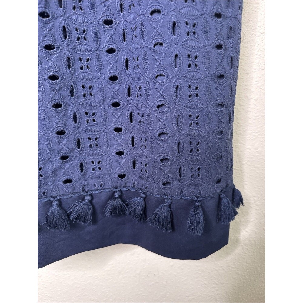 Eliza J Size 12 Navy Blue Eyelet Tassel Shift Split Mandarin Collar Sleeveless - Picture 8 of 14